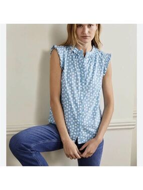 Boden Polka Dot Ruffle Sleeveless Coastal Cotton Shirt Top